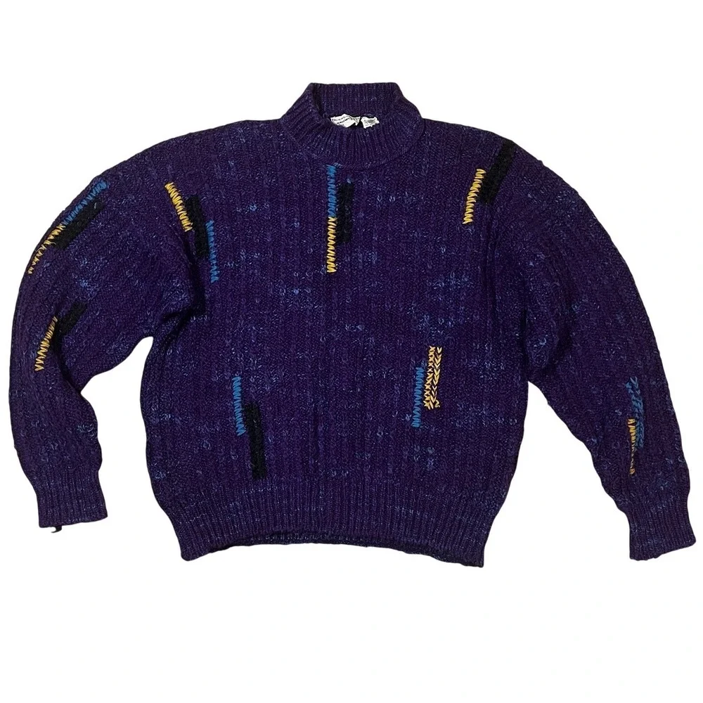 90s Belvedere Knitwear Italy‎ Purple Wool Alpaca Abstract Chunky Sweater L Mens